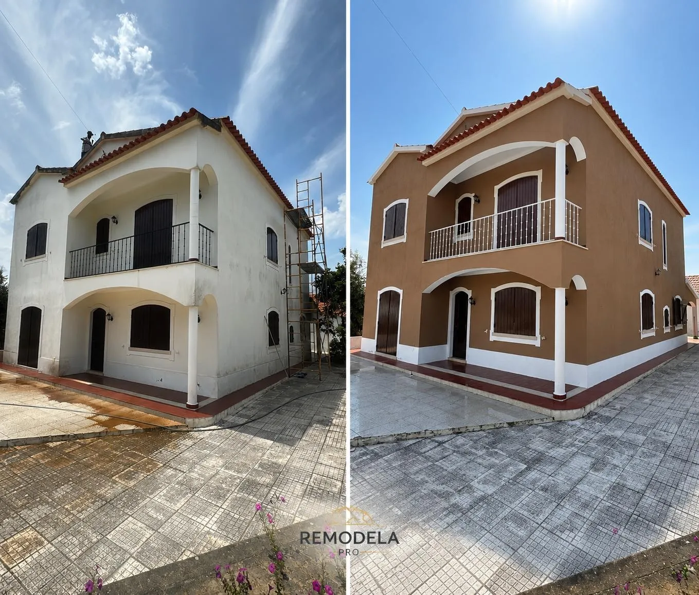 Antes e depois da pintura exterior de uma moradia pela Remodela Pro
